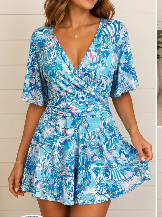 Dresses & Skirts - Blue Floral Print Wrap Front V-Neck Dress Romper size M